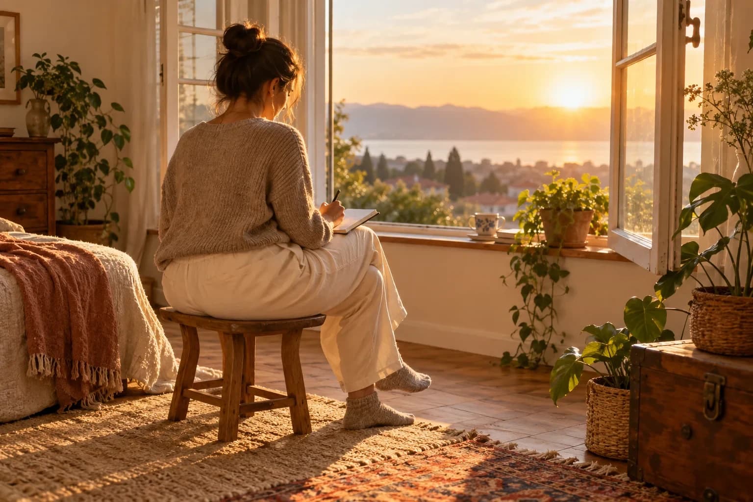 Rear view of a woman journaling on a stool beside an open window at dawn